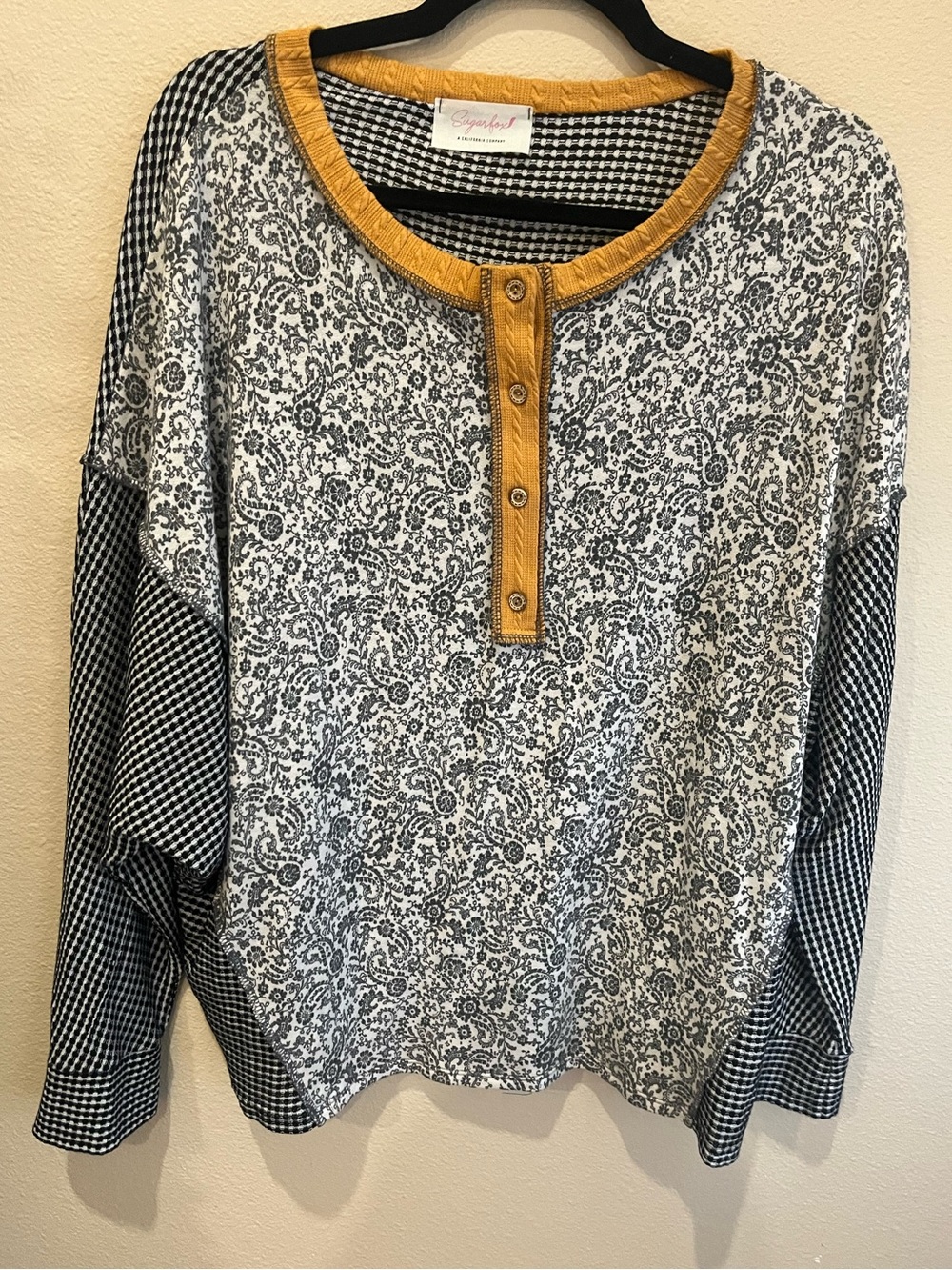 Sugar Mixed-Print Long-Sleeve Henley Top in Mustard and Black/White